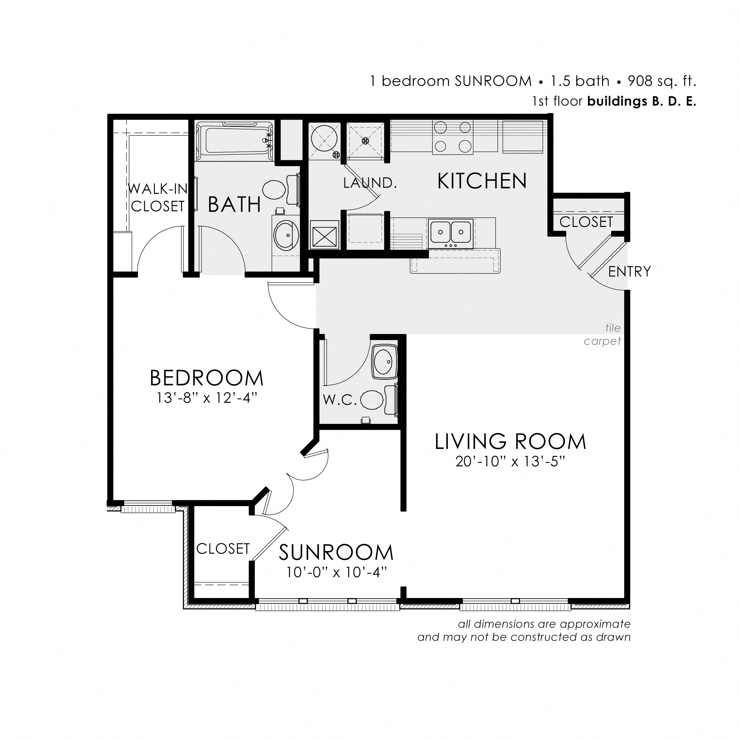 Floor plan for 1 bed, 1.5 baths, 908 sqft